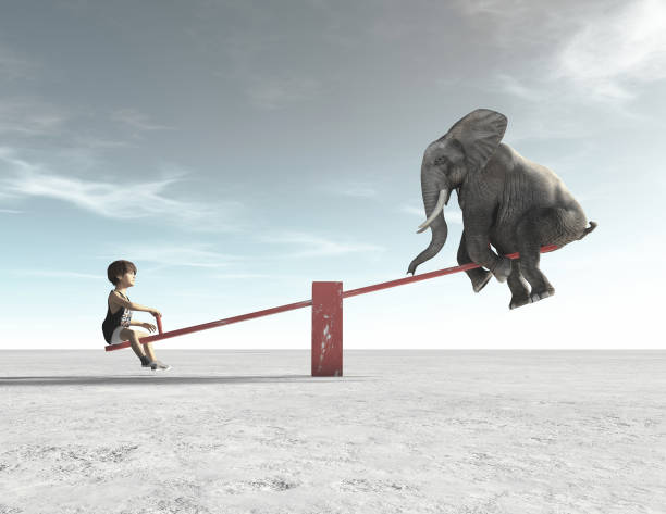 niño está en una mecedora con un elefante. esta es una ilustración de render 3d. - seesaw fotografías e imágenes de stock