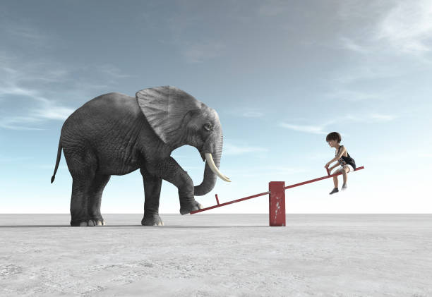 아이 코끼리와 흔들의 자입니다. 이것은 3d 렌더링 그림 이다. - seesaw 뉴스 사진 이미지