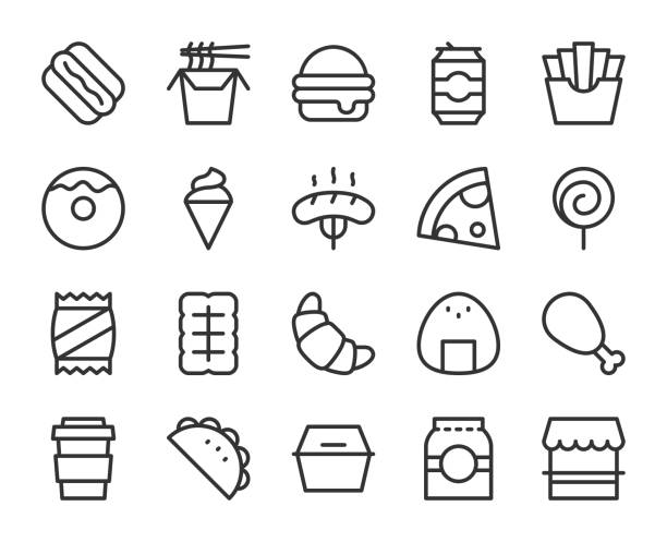 fast-food - linie symbole - kartoffelknödel essen stock-grafiken, -clipart, -cartoons und -symbole