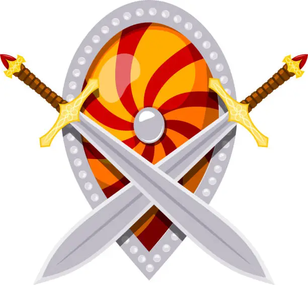 Vector illustration of Color image of a shield and swords. Vector illustration of two crossed swords and a shield on a white background in the style of Cartoon