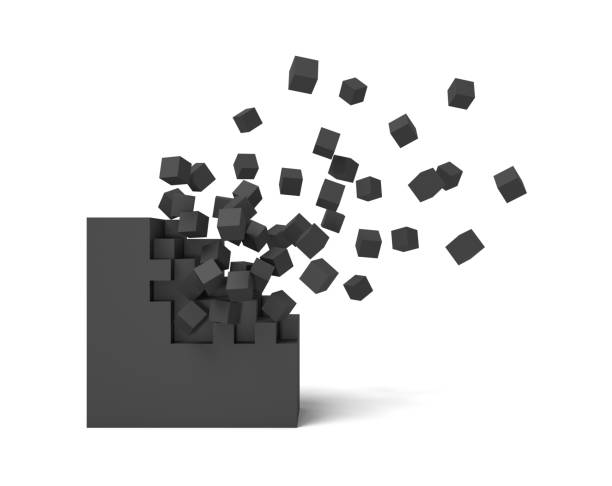 istock 3d rendering of a black square on a white background starting to get destroyed piece by piece. 1077221750
