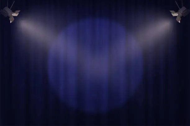 Vector illustration of Spotlights on blue curtain background. Vector cinema, theater or circus background.