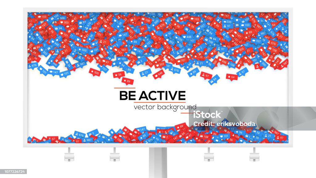 Billboard with abstract background filled with falling from above icons of social media network activity. Be active, motivational poster. Notification of likes, comments, followers. Billboard with abstract background filled with falling from above icons of social media network activity. Be active, motivational poster. Notification of likes, comments, followers Social Media stock vector