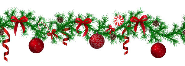 ilustraciones, imágenes clip art, dibujos animados e iconos de stock de frontera de abeto de navidad con colgante garland, ramas de abeto, adornos de plata y rojo, conos de pino y otros adornos - garland