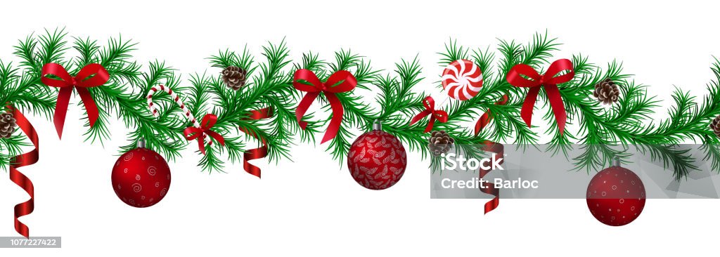 Frontière de sapin de Noël avec suspendus garland, branches de sapin, boules en rouges et argent, pommes de pin et autres ornements - clipart vectoriel de Noël libre de droits