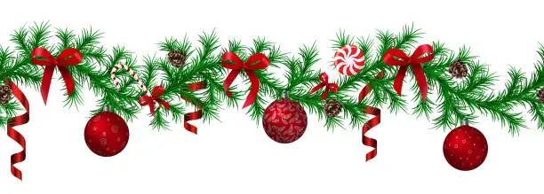 Vector illustration of Christmas fir border with hanging garland, fir branches, red and silver baubles, pine cones and other ornaments