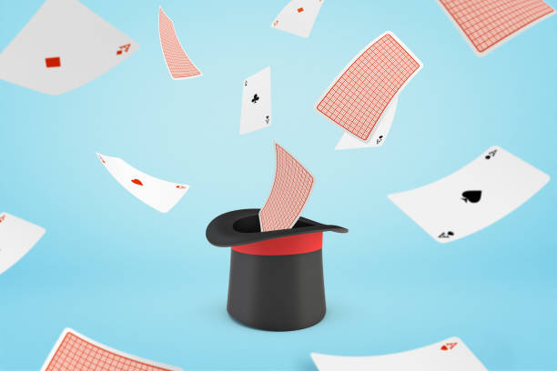 istock 3d rendering of magician hat with flying playing cards on light blue background 1077229468