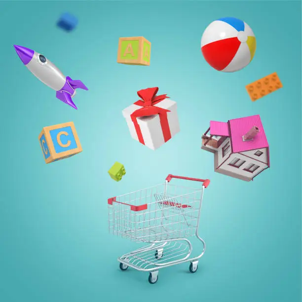 Photo of 3d rendering of random objects - shopping cart, house, toy ball, rocket, present, toy bricks and plastic block parts on blue background
