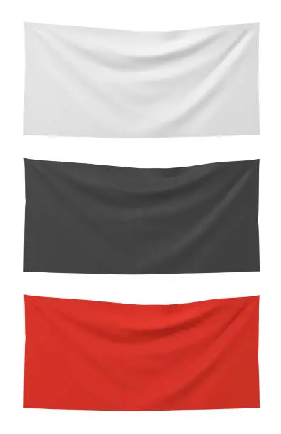 Photo of 3d rendering of three horizontally flags of white, black and red colors hanging on a white background.