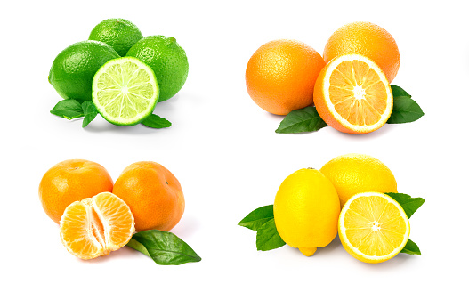 Various types of citrus fruits on a black background