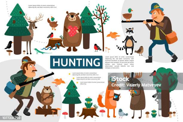Flat Hunting Infographic Template Stock Illustration - Download Image Now - Bird, Forest, Hunter