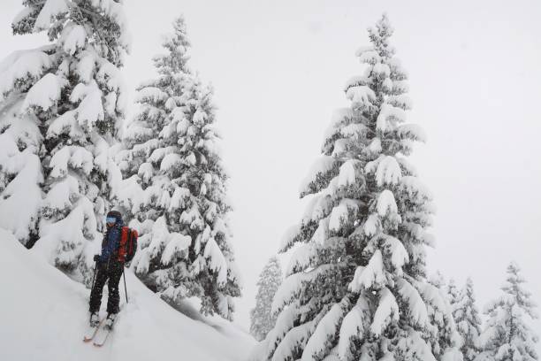 istock Dangerous ski touring through the forest with a deep snow / powder 1077254566