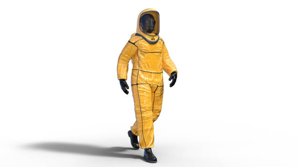 男性着用バイオハザード防護服、防毒マスクの毒性と化学品の保護、3 d の化学防護服に身を包んだ人間のレンダリングします。 - toxic waste radiation protection suit chemical protective suit ストックフォトと画像