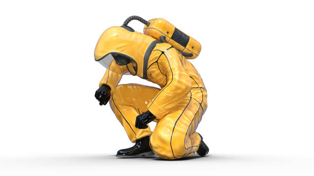 バイオハザード防護服はひざまずいて、毒性と化学物質の保護、3 d のためのスーツをレンダリングする防護服を着て防毒マスクと人間の男 - toxic waste radiation protection suit chemical protective suit ストックフォトと画像