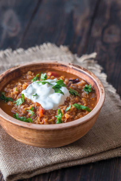 mexican spicy red lentil stew - cooked vertical high angle view lentil imagens e fotografias de stock