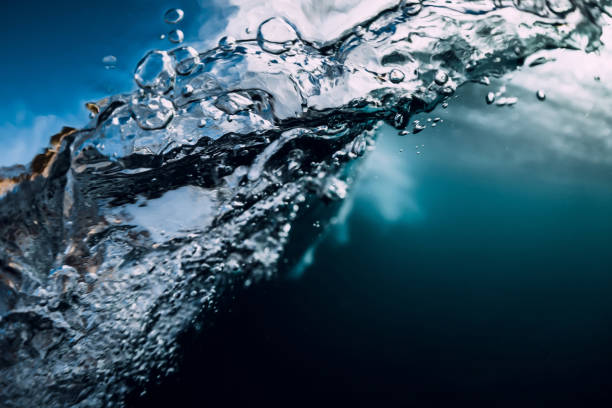 istock Underwater blue texture in ocean. Bubbles and wave in tropical sea. 1077258180
