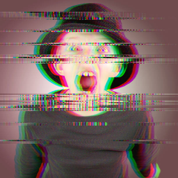 istock young boy in black shirt and black hat with heavy screaming expression with glitch effect 1077259918