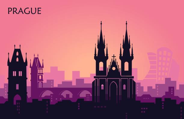 illustrations, cliparts, dessins animés et icônes de paysage de prague avec des vues. abstrait skyline vue du coucher du soleil - tyn church