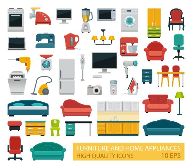 ilustraciones, imágenes clip art, dibujos animados e iconos de stock de iconos de alta calidad de electrodomésticos y muebles - small appliance