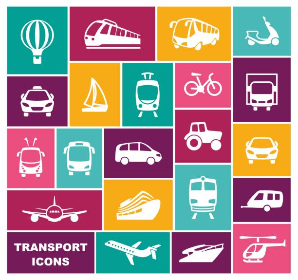 иконы различных видов транспорта. иллюстрация вектора - silhouette bus symbol motor scooter stock illustrations