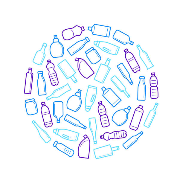 ilustrações, clipart, desenhos animados e ícones de frascos para líquido sinais fina linha redondo design modelo ad. vector - packaging bottle plastic wine