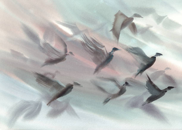 istock A flock of birds flying watercolor background 1077264886