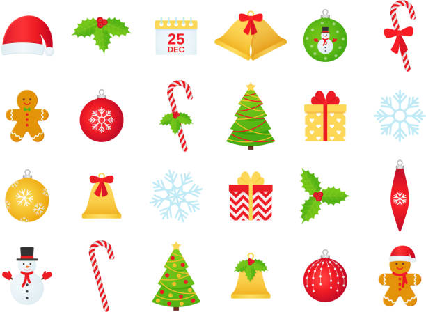 ilustraciones, imágenes clip art, dibujos animados e iconos de stock de conjunto de icono de invierno de navidad. ilustración de vector de diseño plano. - clip art