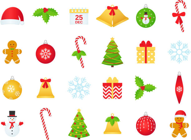 Christmas winter icon set. Vector illustration in flat design. Christmas icons. Vector. Winter icon set. Christmas decorations in flat design isolated on white background. Cartoon colorful illustration. Collection holiday symbols ball bell cane holly gingerbread. no homework clipart stock illustrations