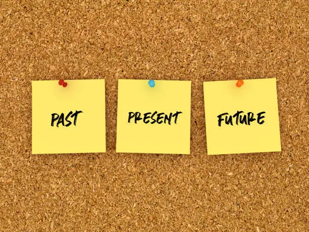 Past Present Future Sticky Notes on Corkboard - 3D Rendering