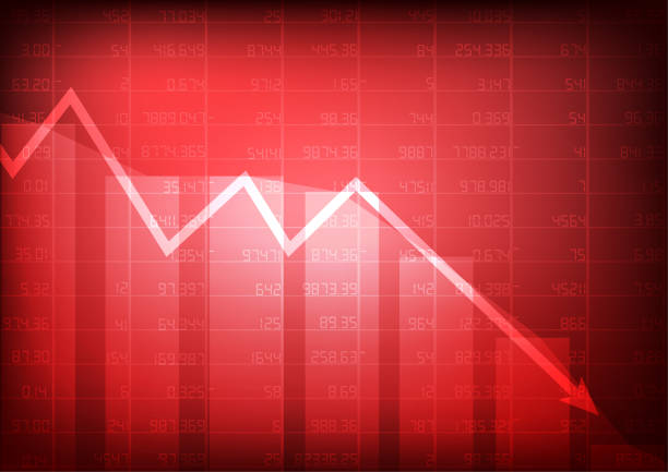 Vector : Red stock market with decreasing arrow on red background vector art illustration