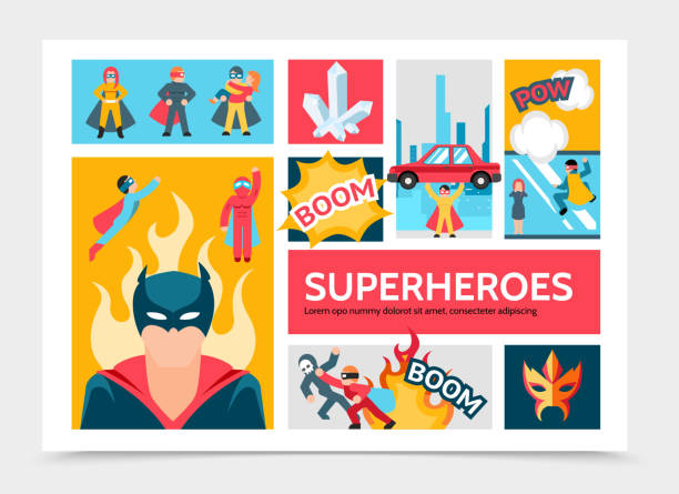 illustrazioni stock, clip art, cartoni animati e icone di tendenza di modello infografico flat super heroes - mask superhero heroes men