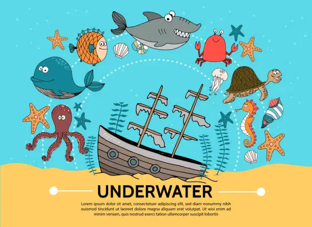 Vector illustration of Flat Underwater World Concept