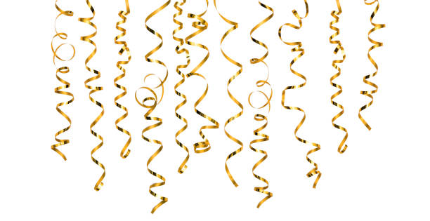 Golden serpentine streamer party decoration Golden serpentine streamer party decoration on white background streamer stock pictures, royalty-free photos & images
