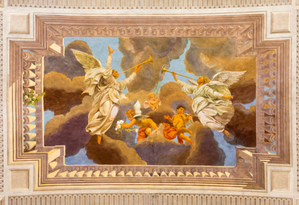 reggio emilia - l'affresco del soffitto degli angeli con i trumph nella chiesa chiesa di san pietro di anselmo govi (1939). - karlsplatz foto e immagini stock