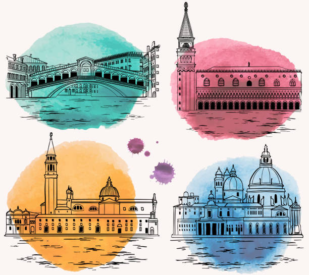 istock Venice watercolor landmarks and tourist attractions set. 1077280002