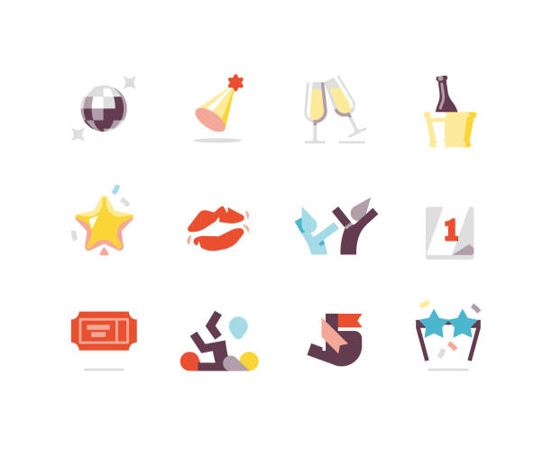 New Year's Eve Flat Icons New Years Eve Celebration icons including ball drop, resolution, toast, kiss times square stock illustrations