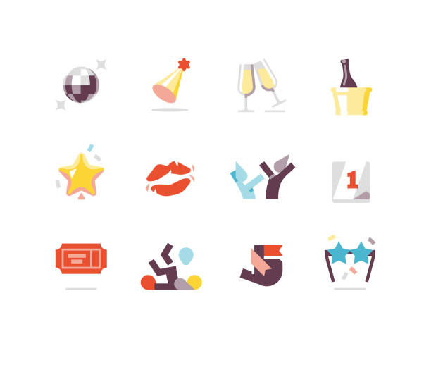 New Year's Eve Flat Icons New Years Eve Celebration icons including ball drop, resolution, toast, kiss new years eve new york stock illustrations