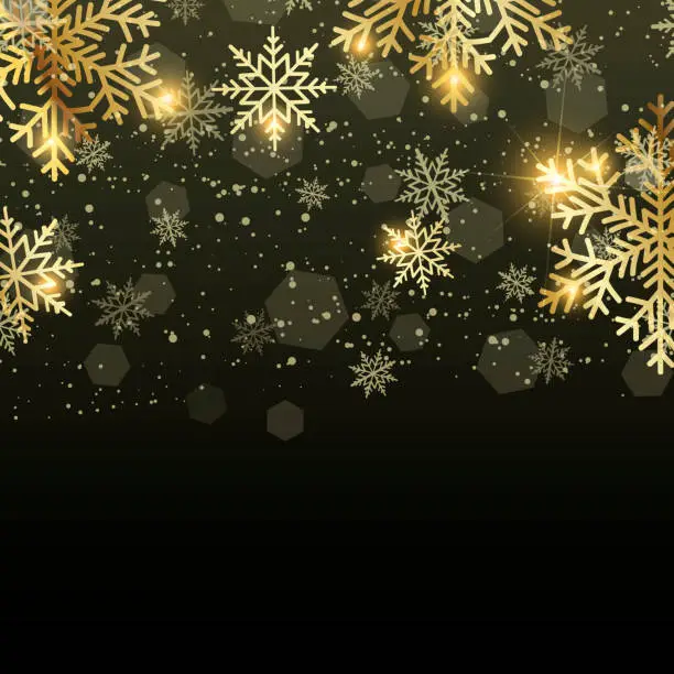 Vector illustration of Happy New Year greeting card with falling gold snowflakes. Vector