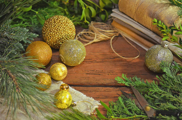 istock Christmas decoration with fur tree branches,  jute rope and sackcloth 1077283252