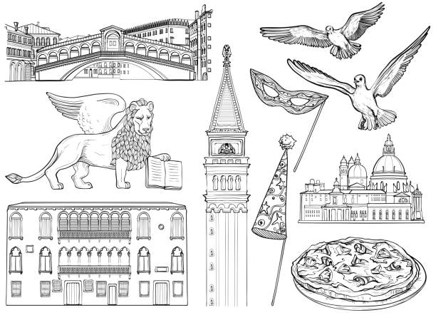 illustrazioni stock, clip art, cartoni animati e icone di tendenza di set di schizzi di venezia. illustrazione vettoriale. famoso monume di venezia - venezia