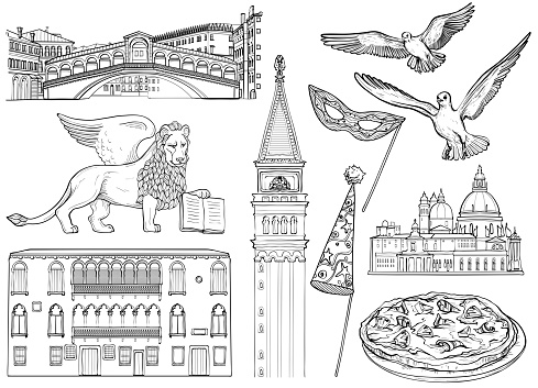 Black and white set of Venice sketch. Vector illustration. Famous Venice monuments