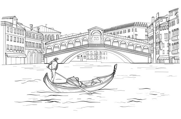 skizze der venezianischen gondel mit gondoliere, realto brücke. schwarz / weiß - gondolier stock-grafiken, -clipart, -cartoons und -symbole