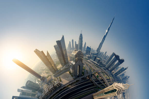 Dubai skyline at sunrise, Little Planet effect. panoramic aerial top view to downtown city landmarks. Famous viewpoint, United Arab Emirates Dubai skyline at sunrise, Little Planet effect. panoramic aerial top view to downtown city landmarks. Famous viewpoint, United Arab Emirates 360 degree view photos stock pictures, royalty-free photos & images
