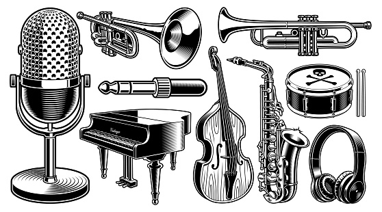 Set of black and white illustrations of musical instruments isolated on the white background.