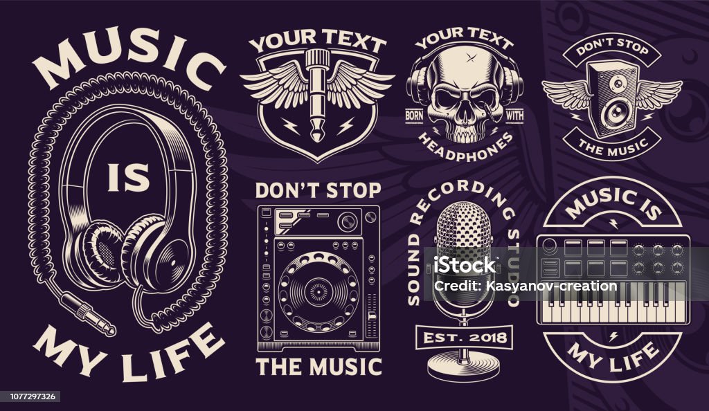 Set of black and white designs of Dj theme. Set of vector badges, logos, shirt designs for dj theme on the dark background. Layered, text is on the separate group. Microphone stock vector