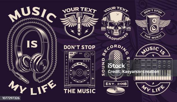 Set Of Black And White Designs Of Dj Theme Stock Illustration - Download Image Now - Microphone, Old-fashioned, Retro Style