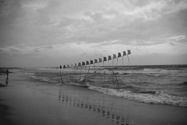 istock Kites flying Synchronized on the beach. Hovering over the shoreline and touching the water with their tails. Black and White 1077297500