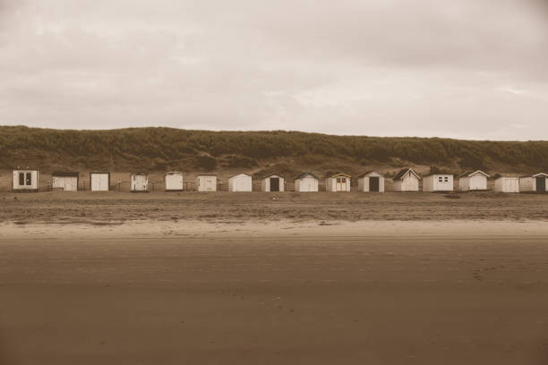 beach cabins on Texel. Biggest wadden island of the Netherlands. stock photo
