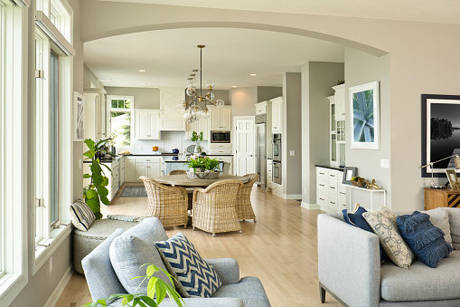 Diseño moderno de la piedra de afilar de sala de estar cocina con concepto abierto photo