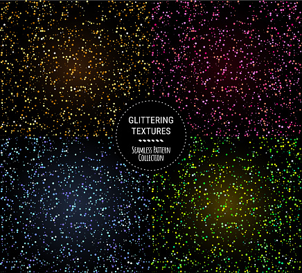 Glittering cosmic seamless textures on dark backgrounds. Night stars, festive confetti, outer space. Golden, pink, blue, green splatters. Uneven dots seamless pattern collection. Isolated vector set.
